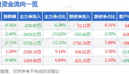 股票行情快报：渝开发（000514）8月1日主力资金净卖出676.93万元