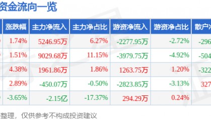 股票行情快报：九芝堂（000989）7月21日主力资金净买入5246.95万元