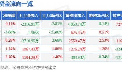 股票行情快报：瑞芯微（603893）6月11日主力资金净卖出2316.91万元