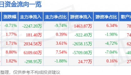股票行情快报：上海机电（600835）6月27日主力资金净卖出2247.20万元