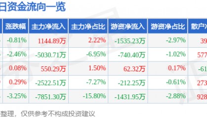 股票行情快报：焦点科技（002315）8月14日主力资金净买入1144.89万元
