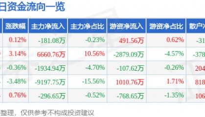 股票行情快报：正海磁材（300224）9月12日主力资金净卖出181.08万元