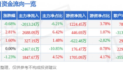 股票行情快报：渝开发（000514）8月20日主力资金净卖出2013.24万元