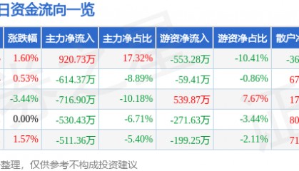 股票行情快报：六国化工（600470）9月5日主力资金净买入920.73万元