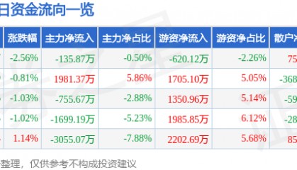 股票行情快报：东北证券（000686）9月3日主力资金净卖出135.87万元