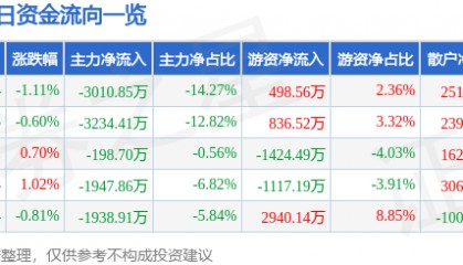股票行情快报：白云机场（600004）9月2日主力资金净卖出3010.85万元