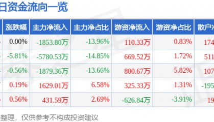 股票行情快报：银河电子（002519）7月16日主力资金净卖出1853.80万元