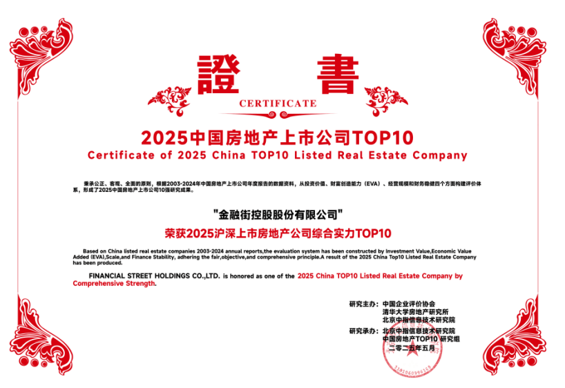 金融街集团：金融街控股连续22年荣获“沪深上市房地产公司综合实力TOP10”