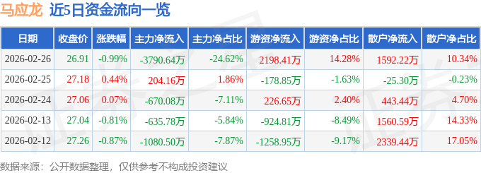股票行情快报:马应龙(600993)2月26日主力资金净卖出3790.64万元