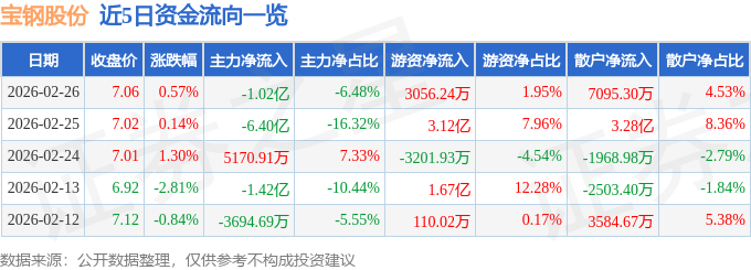 股票行情快报:宝钢股份(600019)2月26日主力资金净卖出1.02亿元