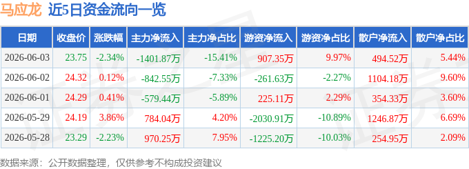 股票行情快报:马应龙(600993)6月3日主力资金净卖出1401.87万元