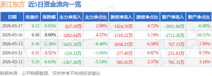 股票行情快报:浙江东方(600120)3月17日主力资金净买入627.19万元